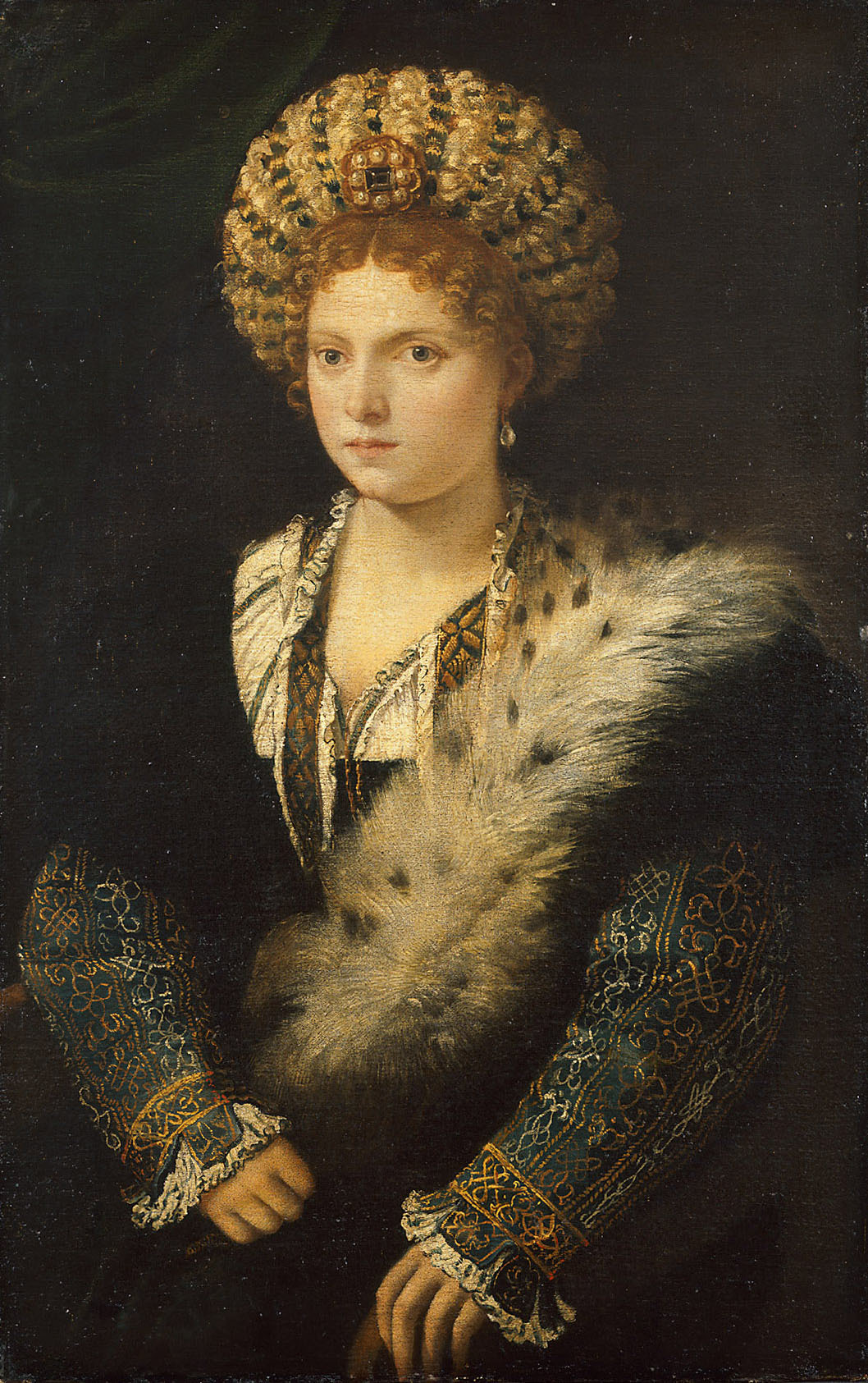 Tiziano, Ritratto di Isabella d'Este (1534-1536; olio su tela, 102,4 x 64,7 cm; Vienna, Kunsthistorisches Museum)
 Tiziano, Ritratto di Isabella d'Este (1534-1536; olio su tela, 102,4 x 64,7 cm; Vienna, Kunsthistorisches Museum)