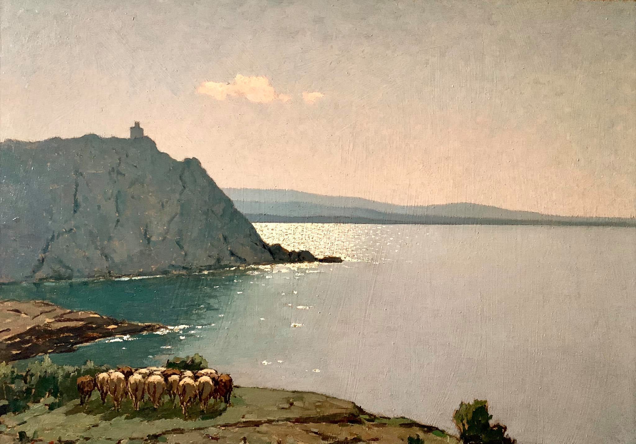 Giovanni Lomi, Gregge sul Romito (olio su faesite, 50x70 cm; Milano, Collezione privata)
