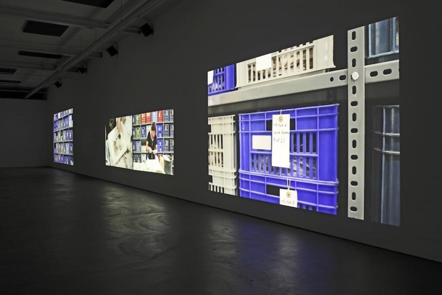 Rossella Biscotti, The City (2013-; video installazione 5 canali video, 8 canali audio). Installation view, Kunsthaus Baselland (2018). Ph. Credit Serge Hasenböhler
 Rossella Biscotti, The City (2013-; video installazione 5 canali video, 8 canali audio). Installation view, Kunsthaus Baselland (2018). Ph. Credit Serge Hasenböhler