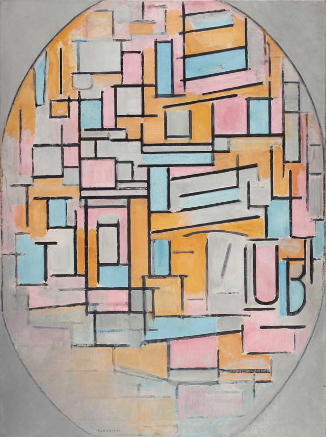 Piet Mondrian, Composizione ovale con piani di colore n. 2 (1914; olio su tela, 113 x 84,5 cm; L'Aia, Kunstmuseum Den Haag)
 Piet Mondrian, Composizione ovale con piani di colore n. 2 (1914; olio su tela, 113 x 84,5 cm; L'Aia, Kunstmuseum Den Haag)