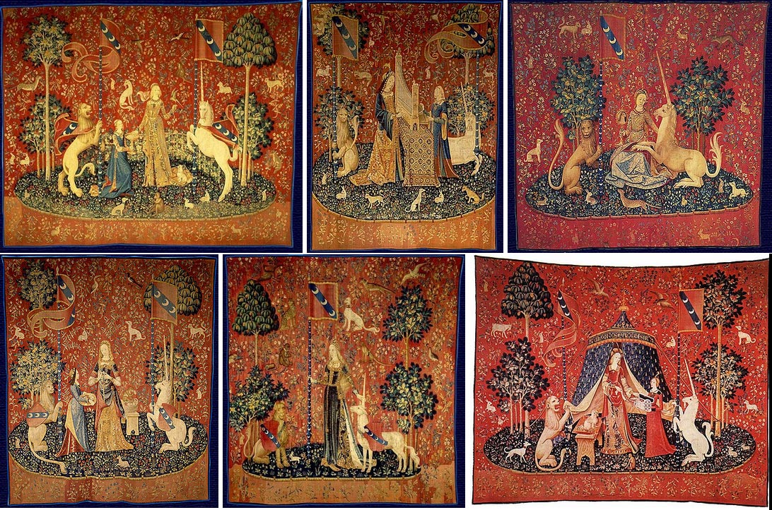 Artista fiammingo, La Dama e l'Unicorno (1500 circa; ciclo di sei arazzi, dimensioni varie; Parigi, Musée national du Moyen Âge). In senso orario da sinistra: il gusto, l'udito, la vista, a mon seul désir, il tatto, l'olfatto.
 Artista fiammingo, La Dama e l'Unicorno (1500 circa; ciclo di sei arazzi, dimensioni varie; Parigi, Musée national du Moyen Âge). In senso orario da sinistra: il gusto, l'udito, la vista, a mon seul désir, il tatto, l'olfatto.