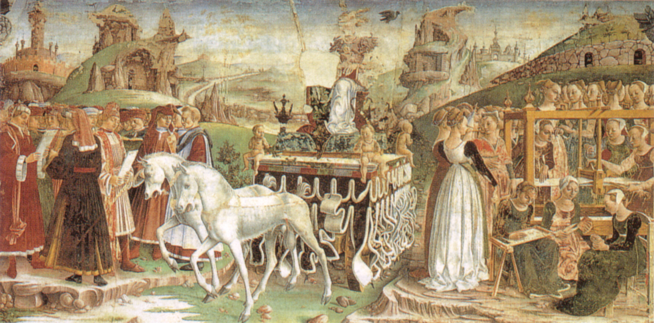 Francesco del Cossa, Marzo, dettaglio del Trionfo di Minerva (1468-1470 circa; affresco, 500 x 320 cm; Ferrara, Palazzo Schifanoia, Salone dei Mesi)
 Francesco del Cossa, Marzo, dettaglio del Trionfo di Minerva (1468-1470 circa; affresco, 500 x 320 cm; Ferrara, Palazzo Schifanoia, Salone dei Mesi)