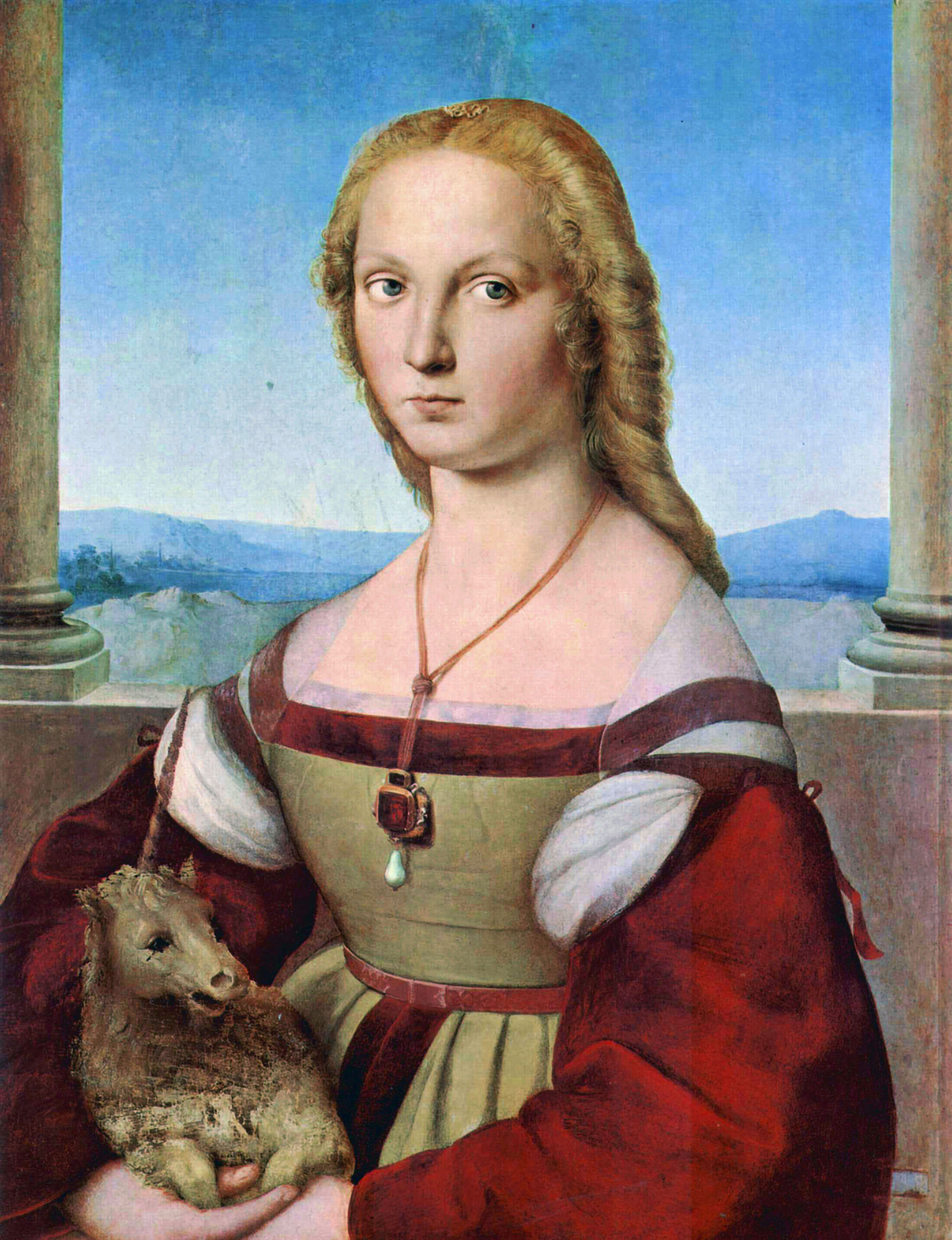Raffaello, Dama col liocorno (1505-1506 circa; olio su tavola, 65 x 51 cm; Roma, Galleria Borghese)
 Raffaello, Dama col liocorno (1505-1506 circa; olio su tavola, 65 x 51 cm; Roma, Galleria Borghese)