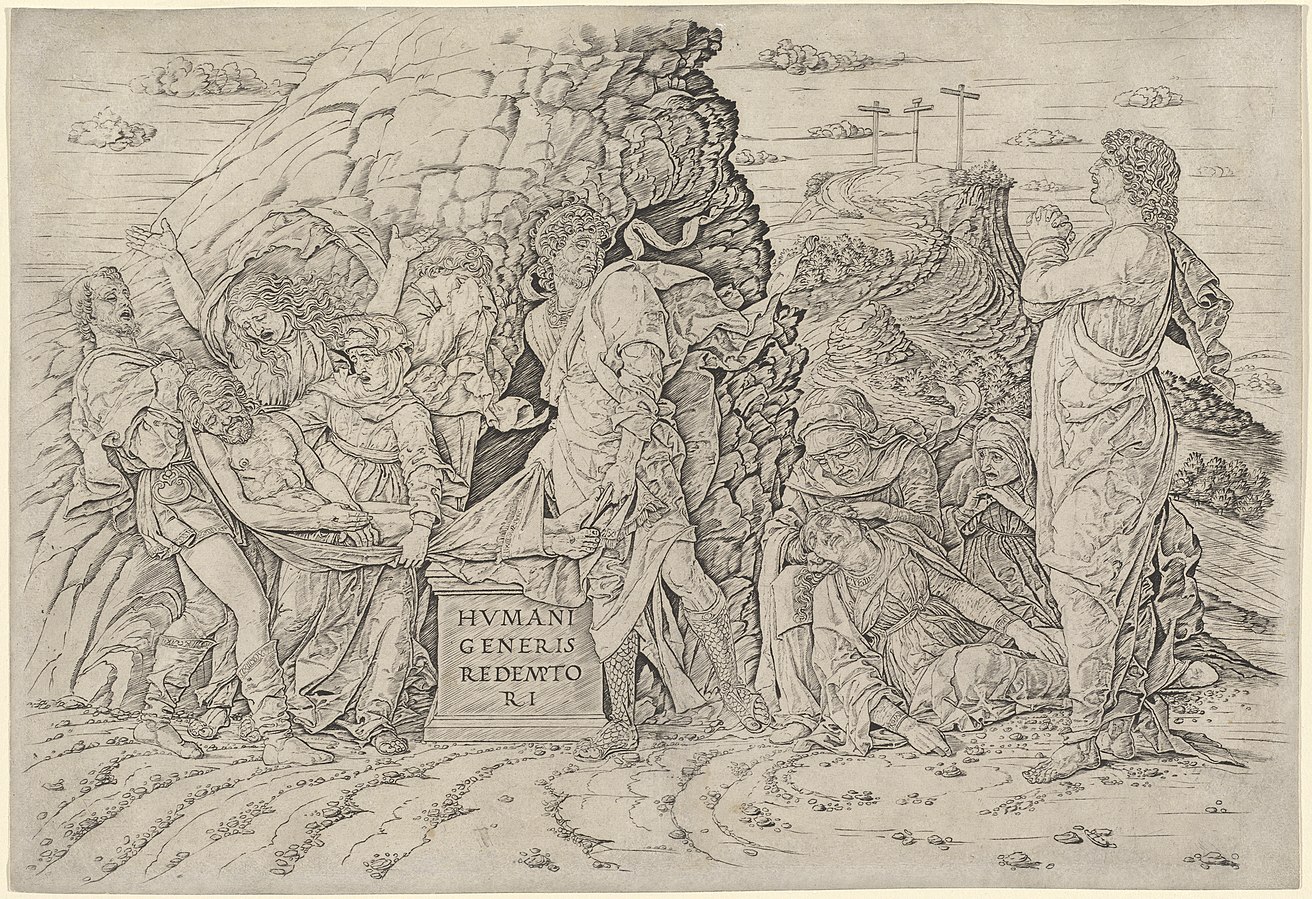 Andrea Mantegna, Deposizione di Cristo (anni Settanta del Quattrocento; incisione a bulino, 446 x 304 mm; Chiari, Pinacoteca Repossi)
