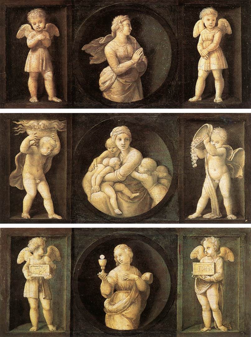 Raffaello Sanzio, Speranza, CaritÃ , Fede, pannelli della predella Baglioni (1505-1507; olio su tavola, 16 x 44 cm; CittÃ  del Vaticano, Pinacoteca Vaticana)
