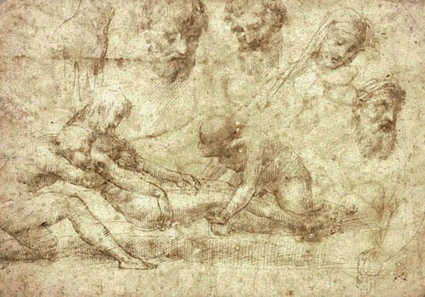 Raffaello Sanzio, Studio per la Deposizione Baglioni (1505-1506; penna, inchiostro e carboncino su carta; Oxford, Ashmolean Museum)
