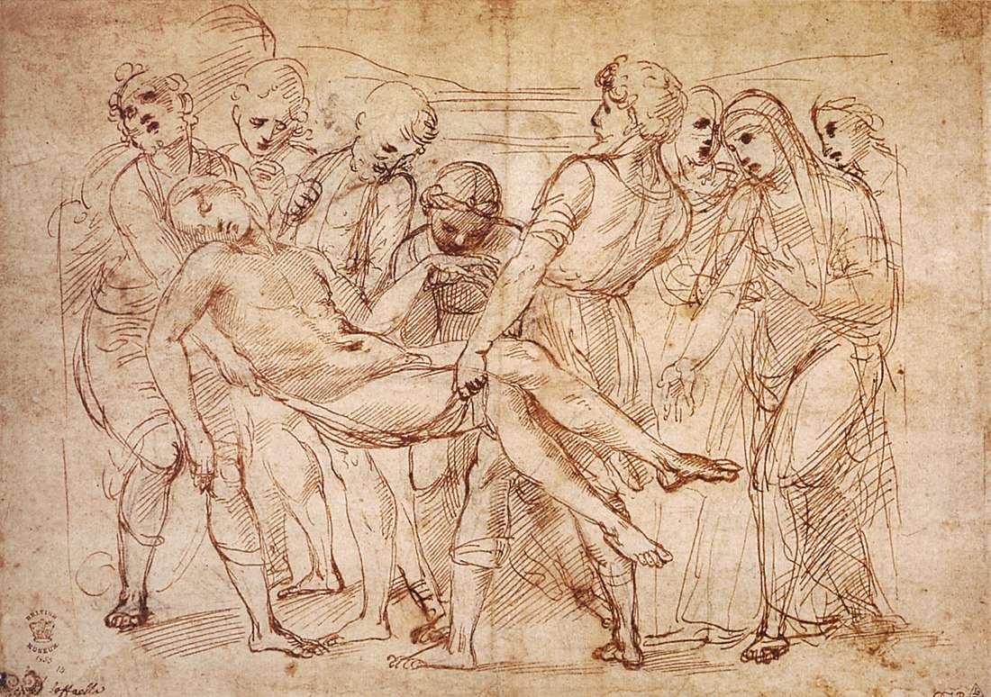 Raffaello Sanzio, Studio per la Deposizione Baglioni (1505-1506; penna, inchiostro e carboncino su carta, 230 x 319 mm; Londra, British Museum)
