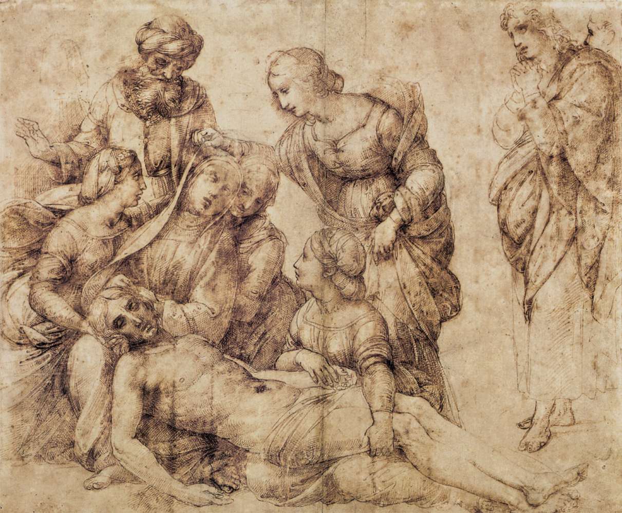 Raffaello, Studio per la Deposizione Baglioni (1505-1506; penna, inchiostro e carboncino su carta, 334 x 397 mm; Parigi, Louvre)
