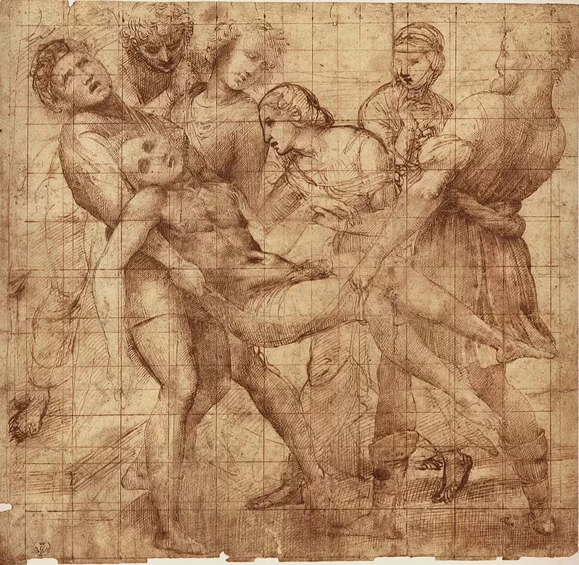 Raffaello Sanzio, Studio per la Deposizione Baglioni (1505-1506; penna e inchiostro, pietra nera?, quadrettatura a pietra rossa, a penna
e a stilo, puntinatura parziale, 290 x 297 mm; Firenze, Uffizi, Gabinetto dei Disegni e delle Stampe)
