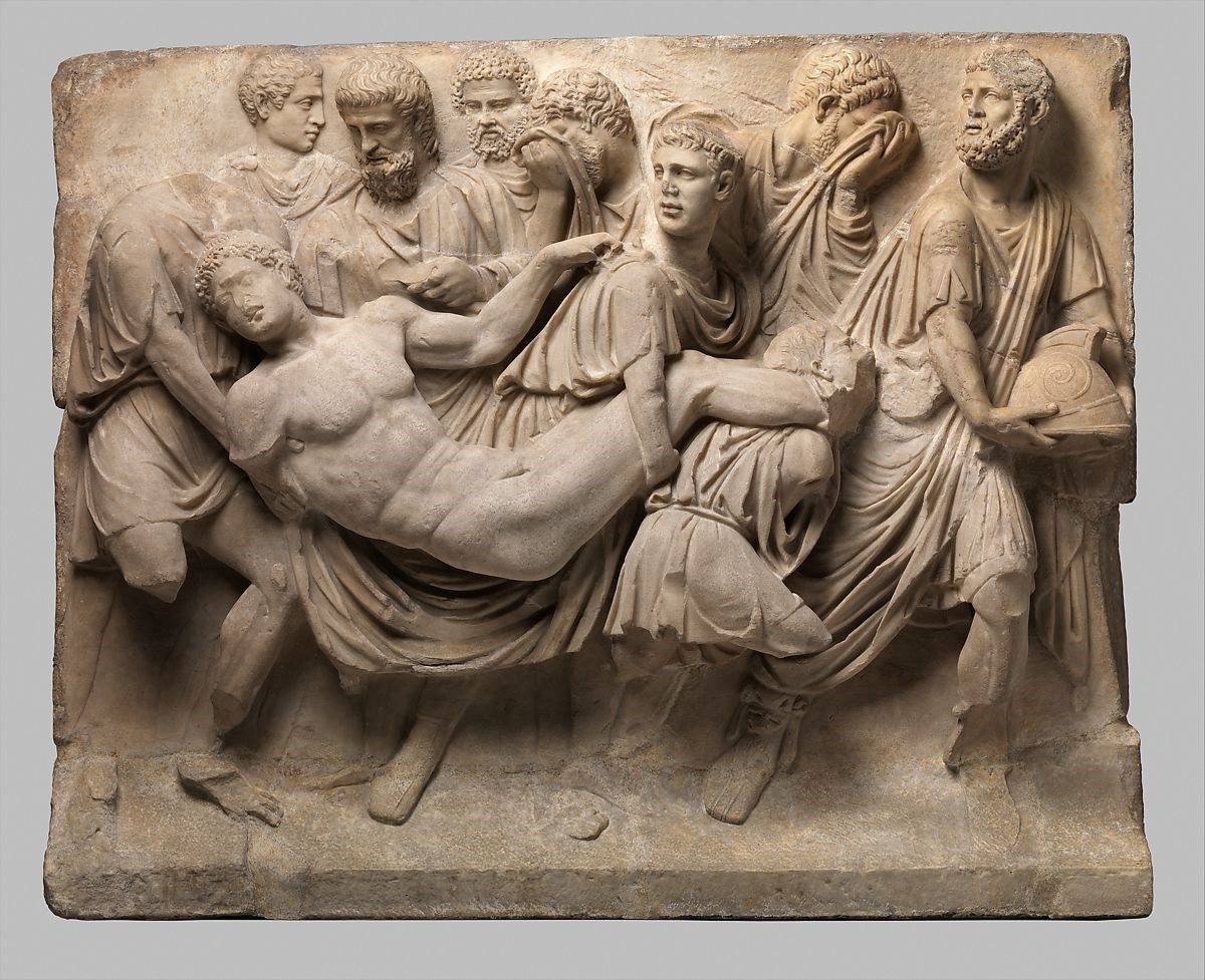 Arte romana, Frammento di sarcofago col trasporto del corpo di Meleagro (metÃ  del II secolo d.C.; marmo lunense, 96,8 x 22,2 x 119,1 cm; New York, Metropolitan Museum)
