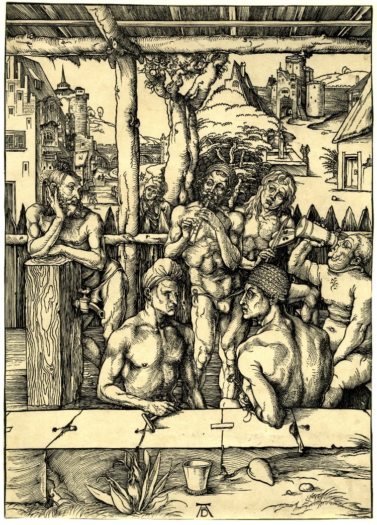 Albrecht Dürer, Il bagno degli uomini (1496-97 circa; xilografia, 392 x 283 mm; Monaco, Staatliche Graphische Sammlung)
