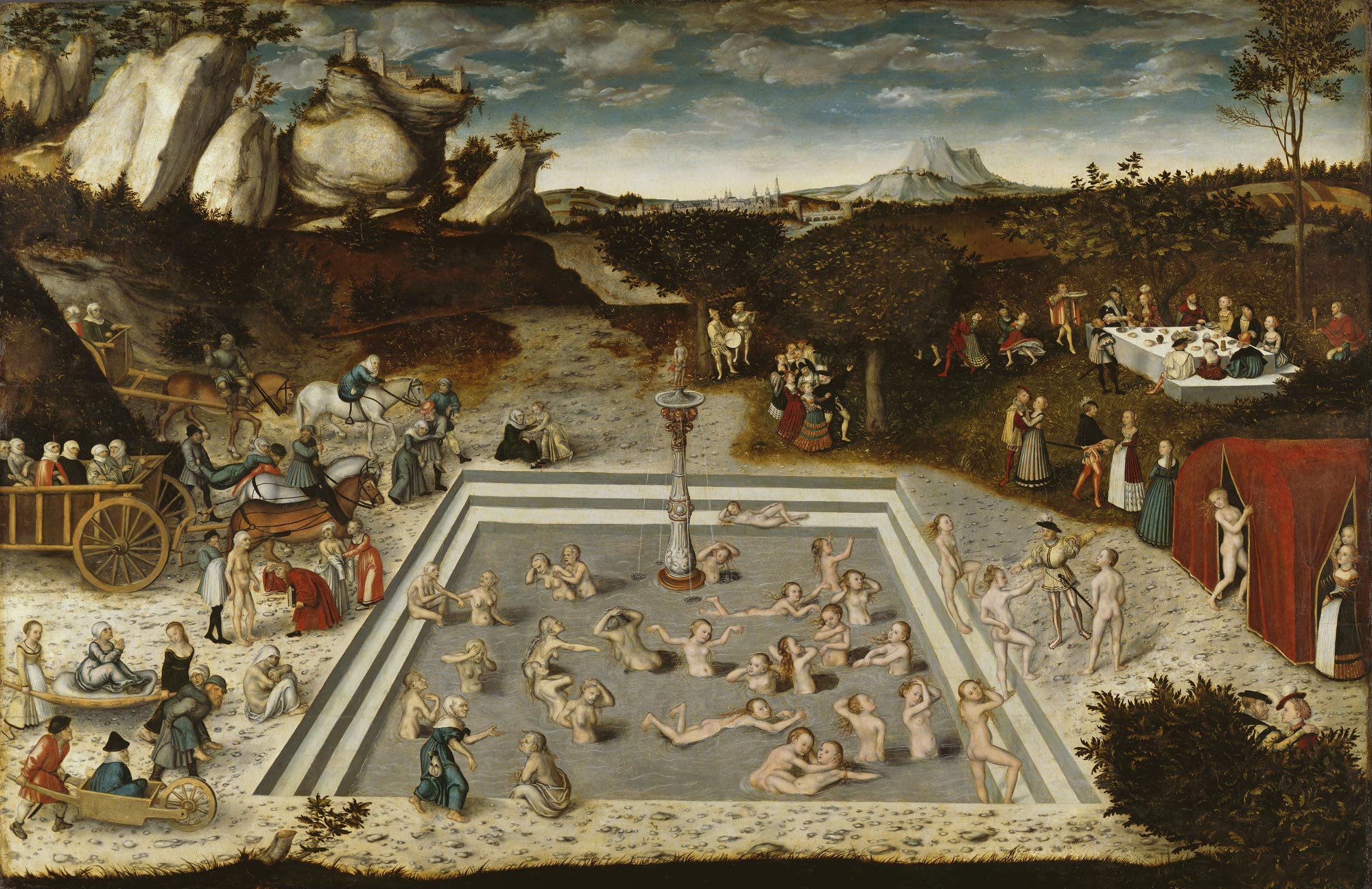 Lucas Cranach il Vecchio, Fonte della giovinezza (1546; olio su tavola, 120,6 x 186,1 cm; Berlino, Gemäldegalerie)
