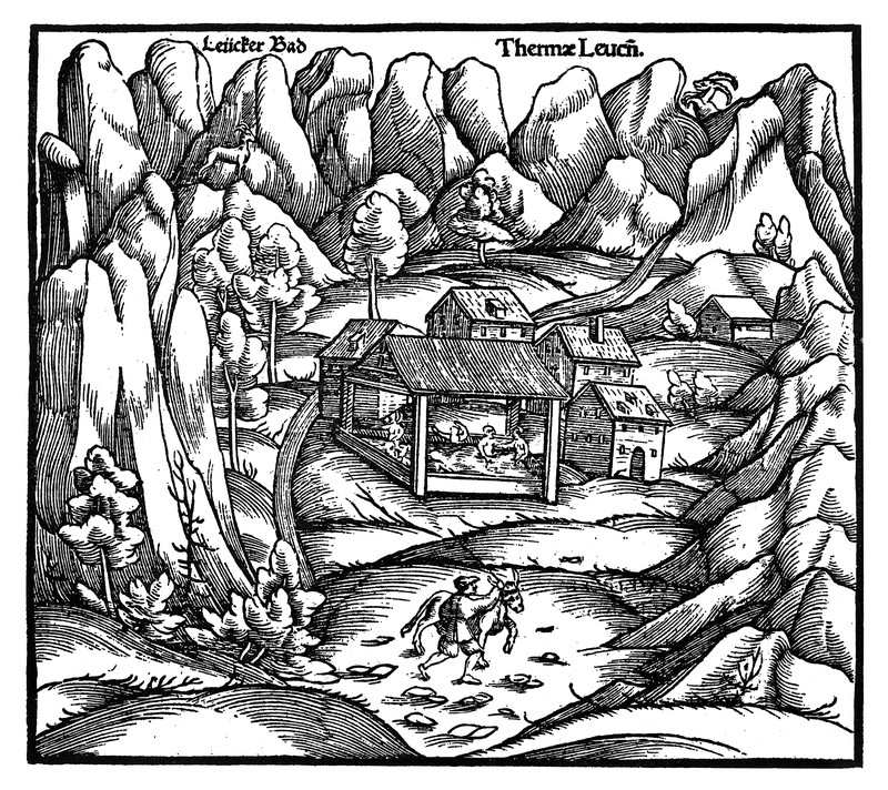 Le terme di Leukerbad, illustrazione dalla Cosmographia universalis di Sebastian Münster (1550-1552; xilografia, 321 x 206 mm; Londra, British Museum)
