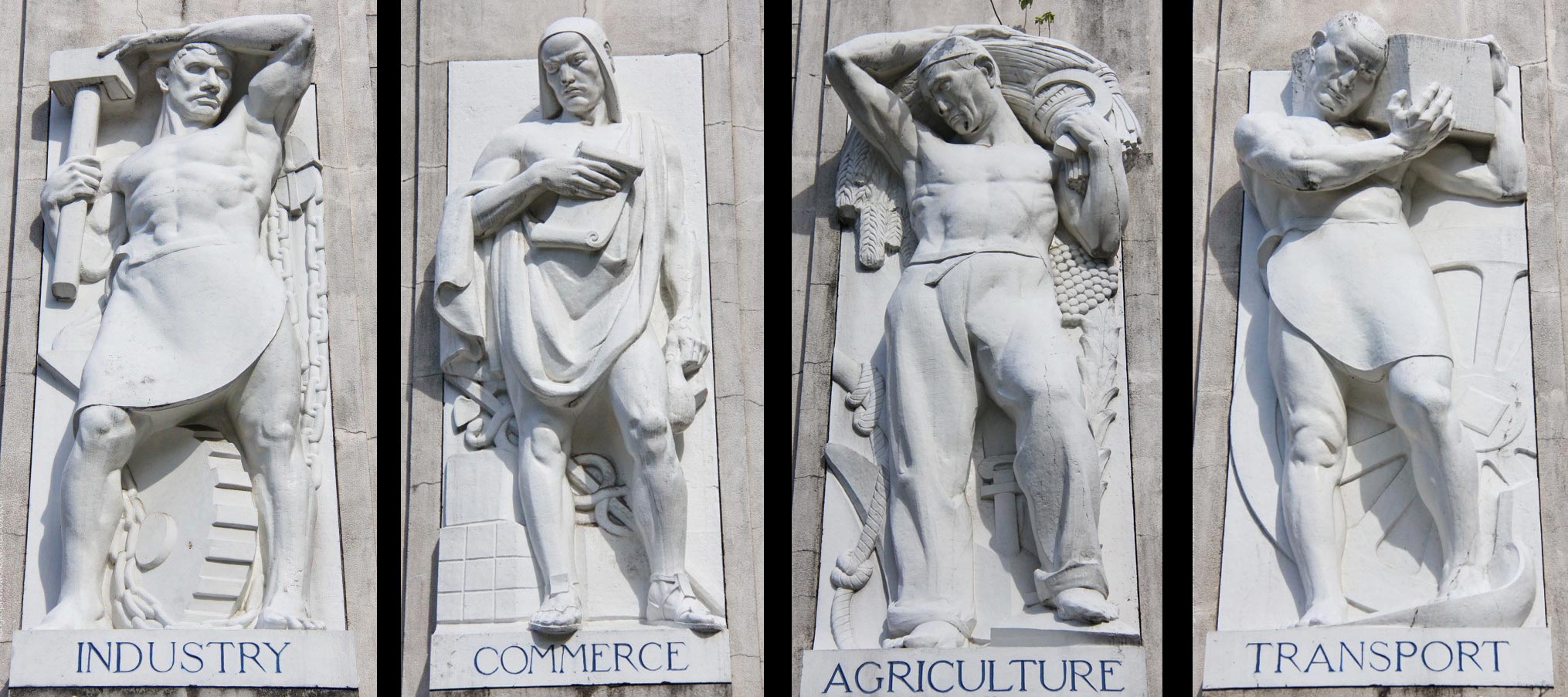 Angiolo Vannetti, Bassorilievi con le allegorie dell’Industria, del Commercio, dell’Agricoltura e del Trasporto (1932; Singapore, Keppel Railway Station, Tanjong Pagar)
