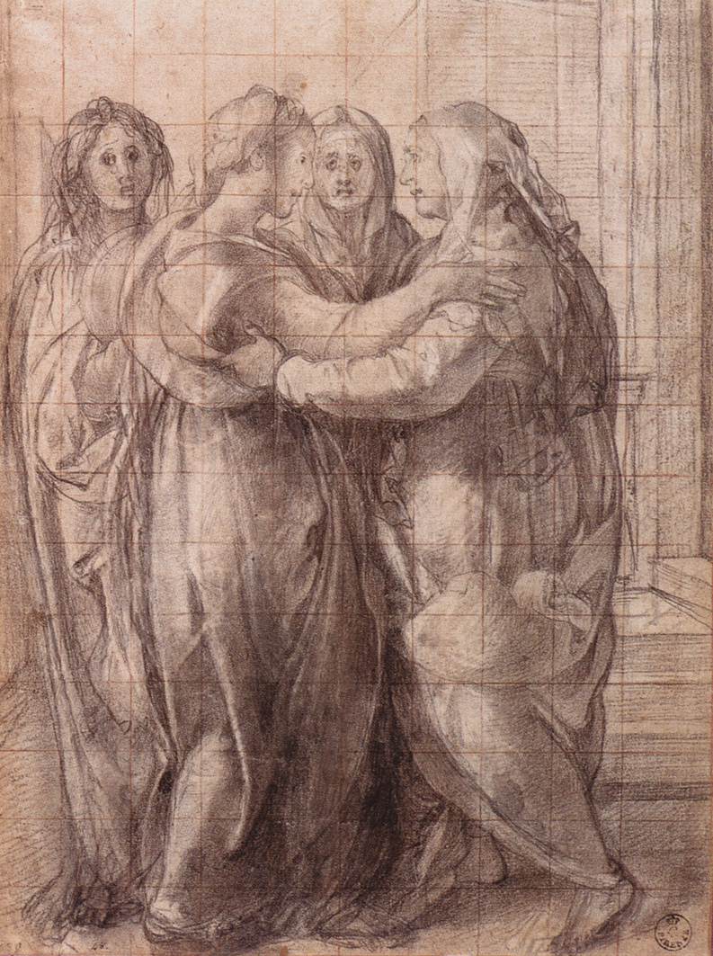 Pontormo, Visitazione (1528-1530 circa; pietra nera, tracce di gessetto bianco, quadrettatura a pietra rossa su carta, 326 x 240 mm; Firenze, Galleria degli Uffizi, Gabinetto dei Disegni e delle Stampe, inv. 461 F)
