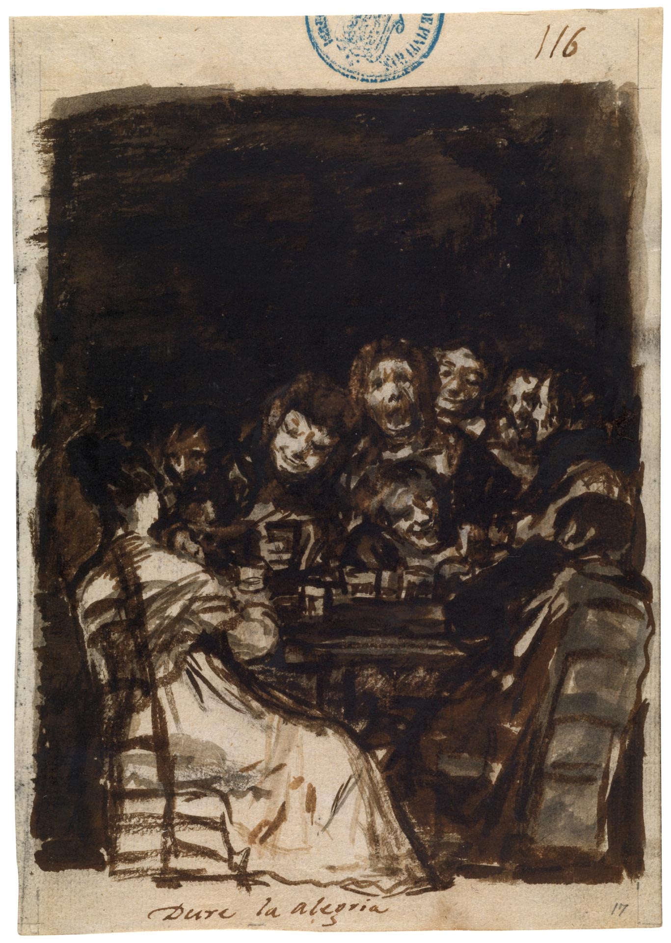 Francisco Goya, Dure la alegría, dal Cuaderno C (1814-1823), foglio 116 (acquerello e carboncino su carta vergata, 205 x 144 mm; Madrid, Museo del Prado)
