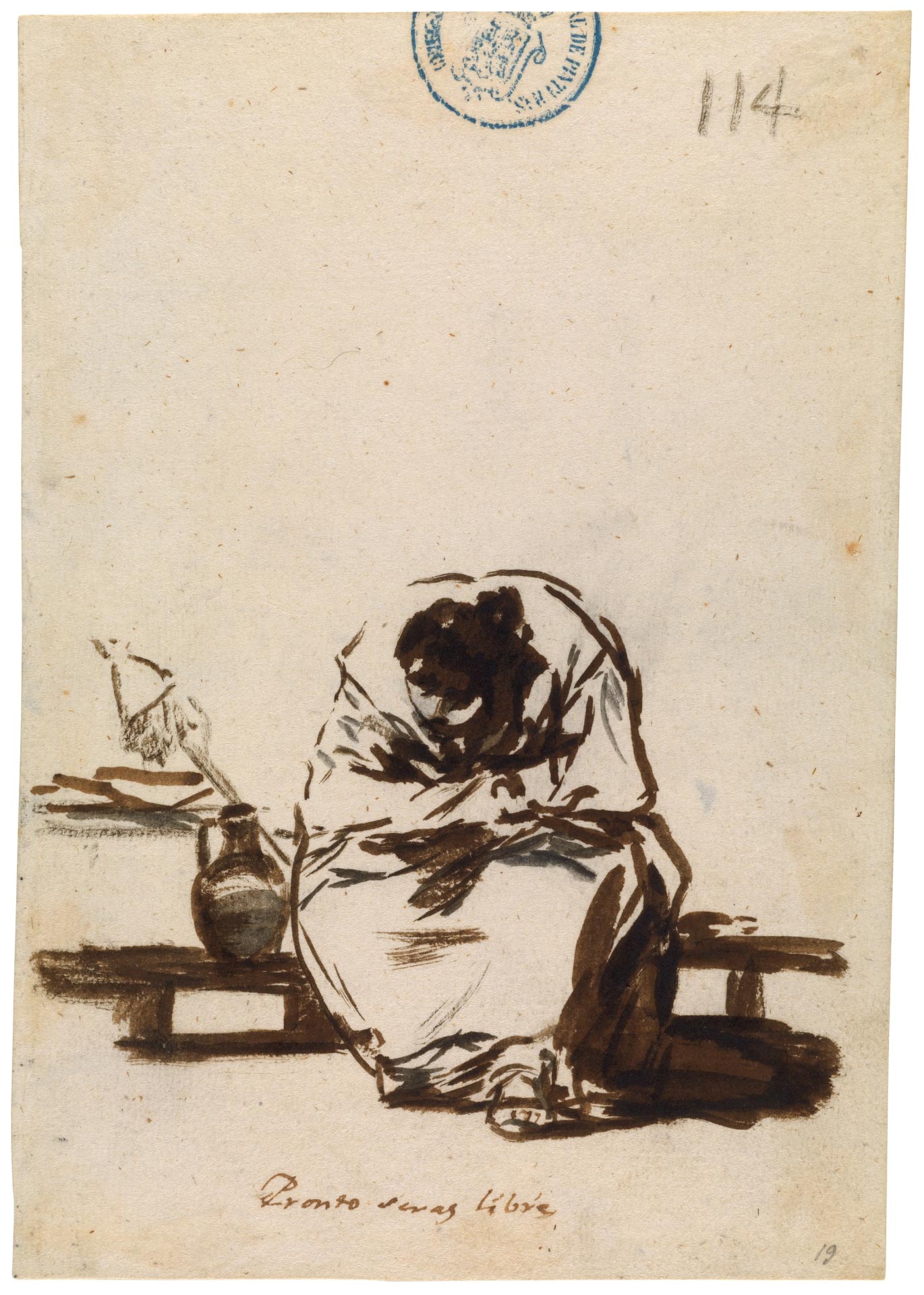 Francisco Goya, Pronto serás libre, dal Cuaderno C (1814-1823), foglio 114 (acquerello e carboncino su carta vergata, 205 x 144 mm; Madrid, Museo del Prado) 
