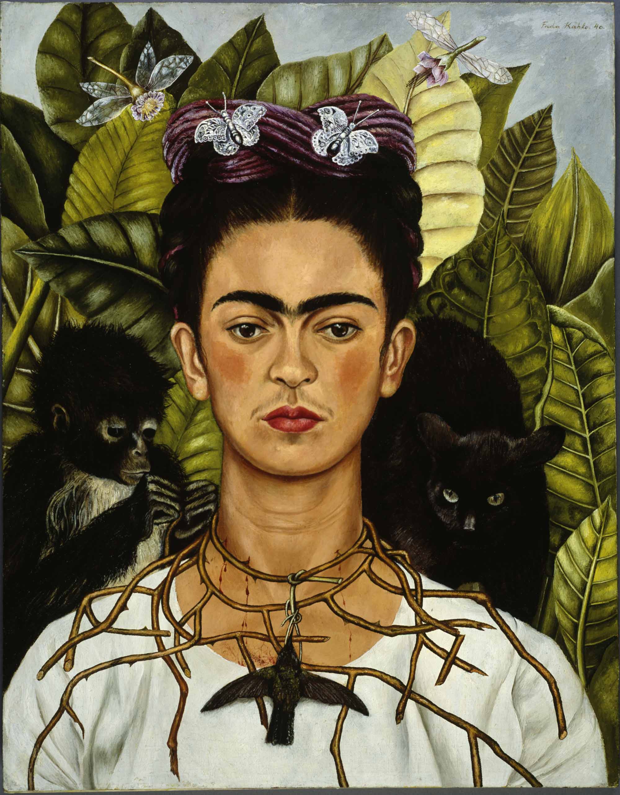 Frida Kahlo, Autoritratto con collana di spine e colibrì (1940; olio su lamina metallica, 63,5 x 49,5 cm; Austin, Harry Ranson Center). &copy; Banco de México Diego Rivera & Frida Kahlo Museums Trust
