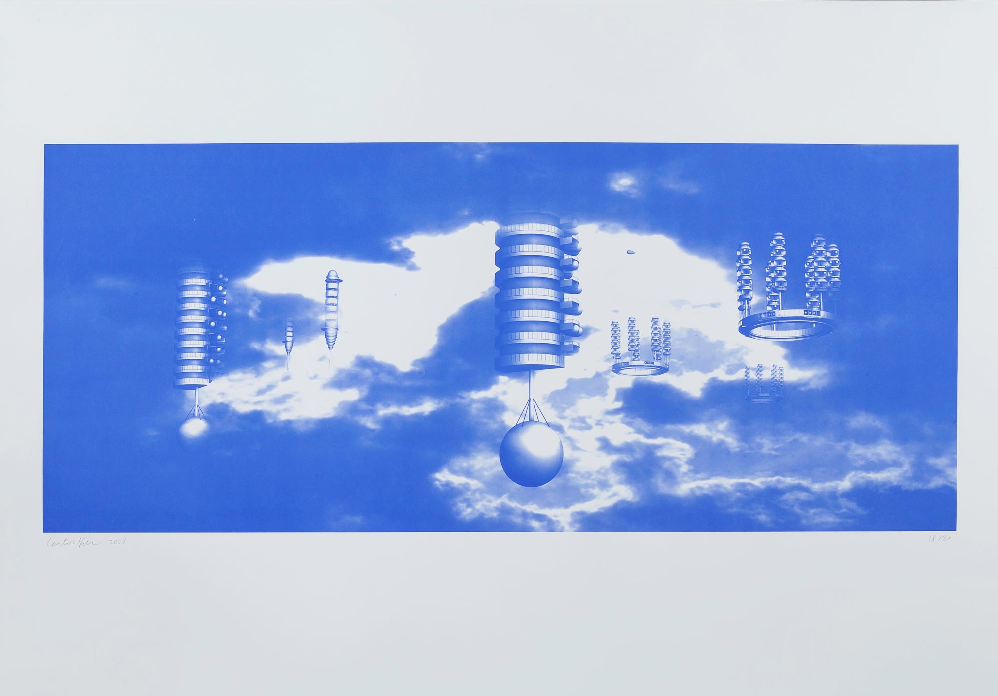 Carsten HÃ¶ller, Poster on Krutikov Fliegender Stadt (2008; serigrafia monocroma su carta, 47 x 112,4 cm; Rimini, PART)
