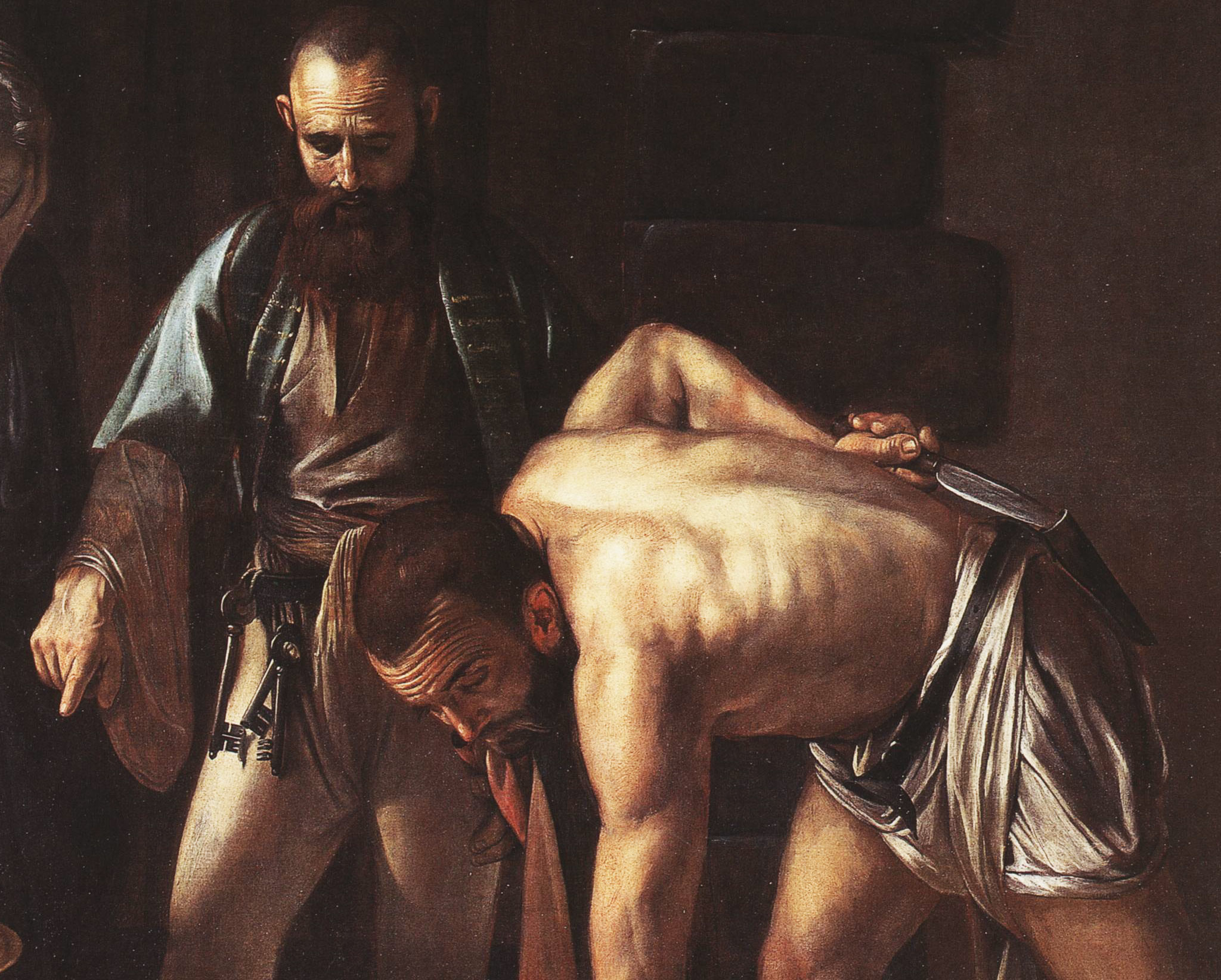 Caravaggio, Beheading of the Baptist, detail of the torturer and jailer