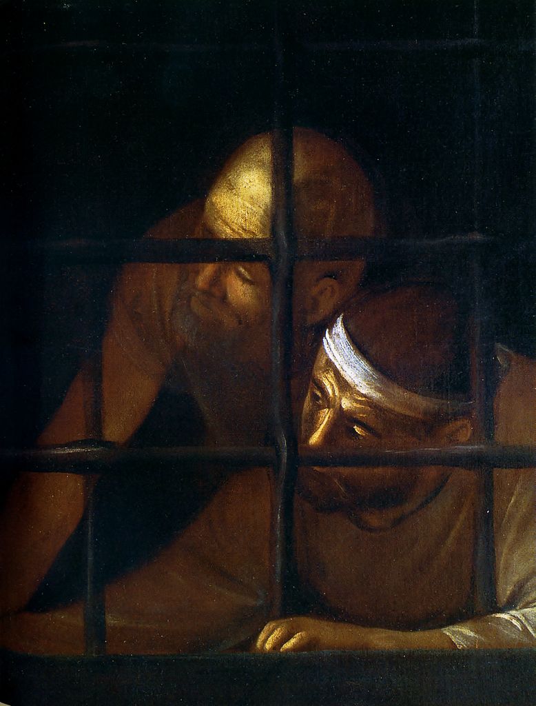 Caravaggio, Beheading of the Baptist, detail of the two prisoners