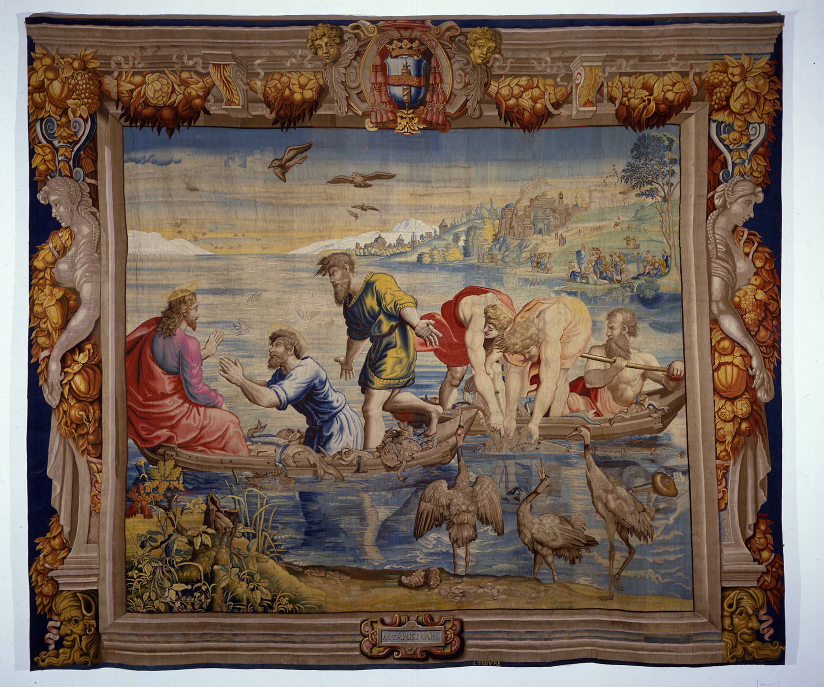 Manifattura Lefebvre (dal disegno di Raffaello), Pesca miracolosa (1653-1661 circa; arazzo in lana, seta e filo d'argento dorato, 420 x 480 cm; Urbino, Galleria Nazionale delle Marche)
