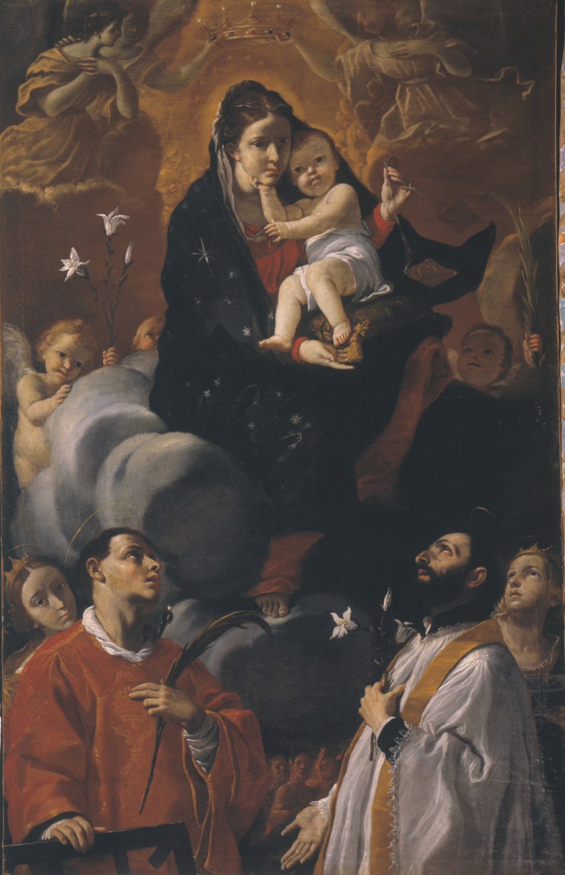 Mattia Preti, Madonna col Bambino tra i santi Lorenzo, Francesco Saverio, Apollonia e Lucia detta Â“Madonna del CarmeloÂ” (anni Settanta del XVII secolo; olio su tela, 206 x 136 cm; Taverna, San Domenico)
