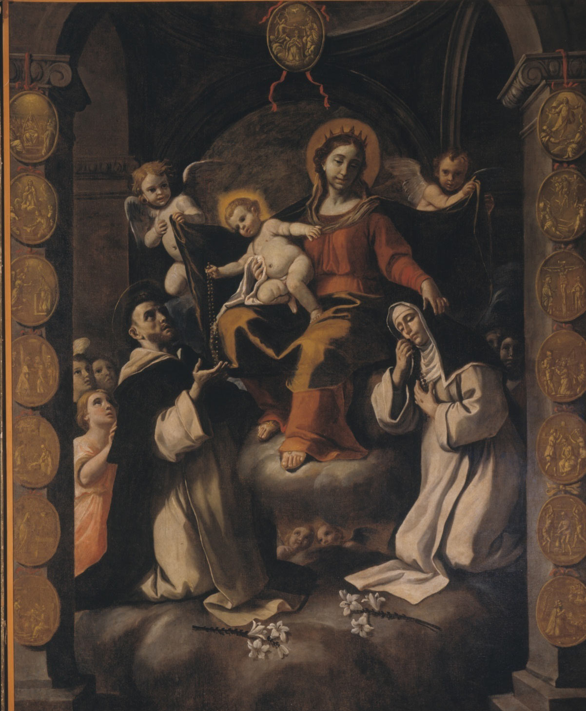 Mattia Preti, La Madonna e il Bambino consegnano il Rosario ai santi Domenico e Caterina da Siena (1687-1689 circa; olio su tela, 285 x 230 cm; Taverna, San Domenico)
