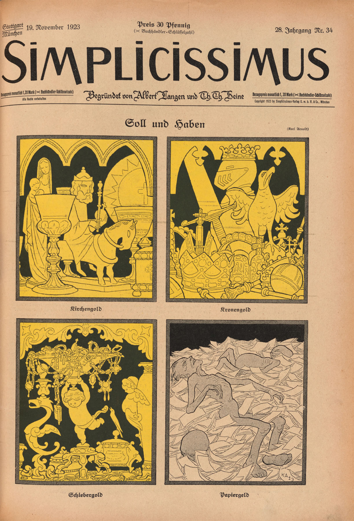 Karl Arnold, Sold und haben (copertina della rivista Simplicissimus del 19 novembre 1923)
