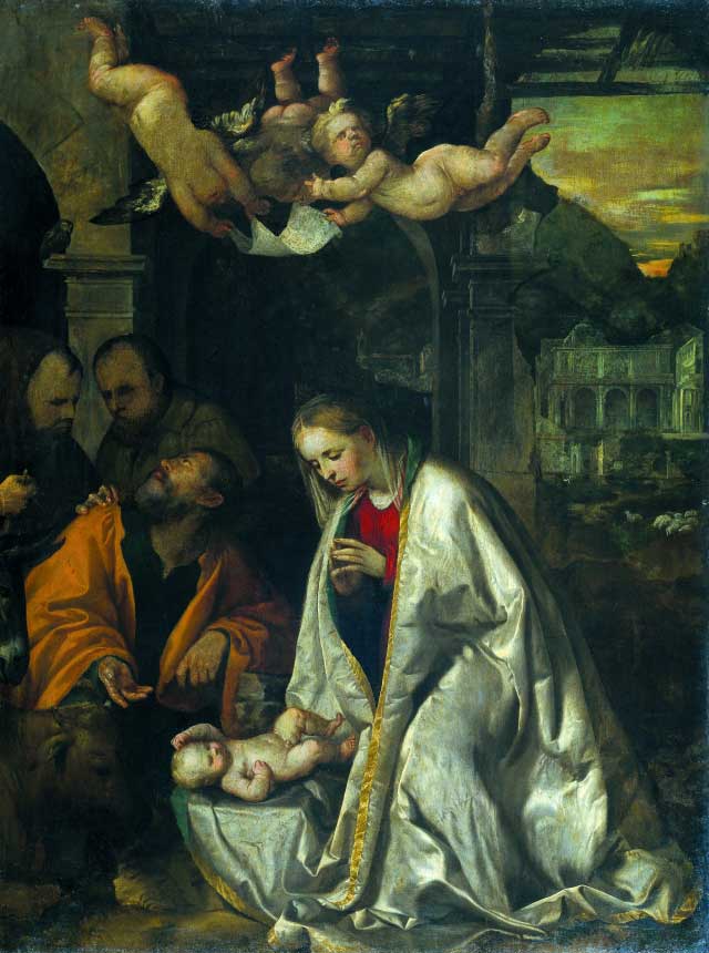 Romanino, Natività (1545 circa; olio su tela, 241 x 180 cm; Brescia, Pinacoteca Tosio Martinengo)
 Romanino, Natività (1545 circa; olio su tela, 241 x 180 cm; Brescia, Pinacoteca Tosio Martinengo)