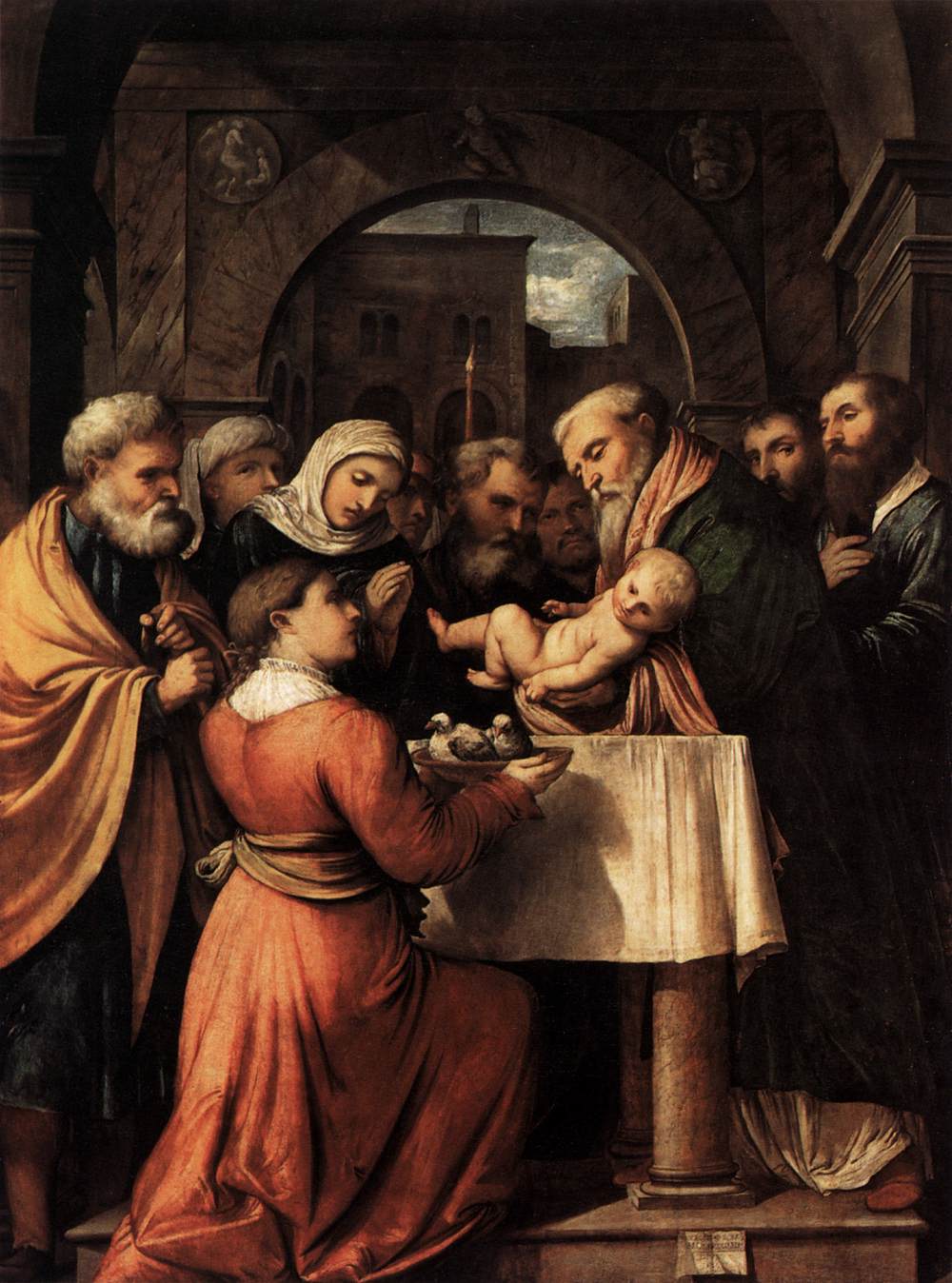 Romanino, Presentazione di Gesù al Tempio (1529; olio su tavola, 188 x 144 cm; Milano, Pinacoteca di Brera)
 Romanino, Presentazione di Gesù al Tempio (1529; olio su tavola, 188 x 144 cm; Milano, Pinacoteca di Brera)