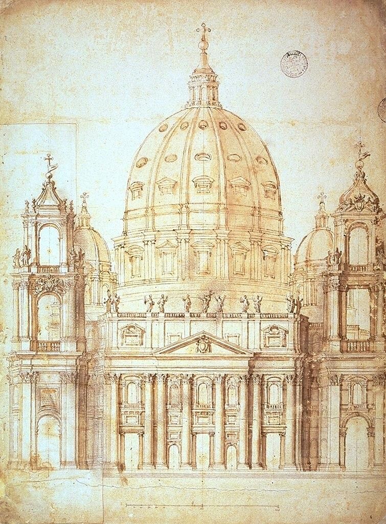 Gian Lorenzo Bernini, Proposta per la facciata di San Pietro (1645; matita nera, inchiostro bruno e acquarello grigio e bruno su carta; CittÃ  del Vaticano, Biblioteca Apostolica Vaticana)
