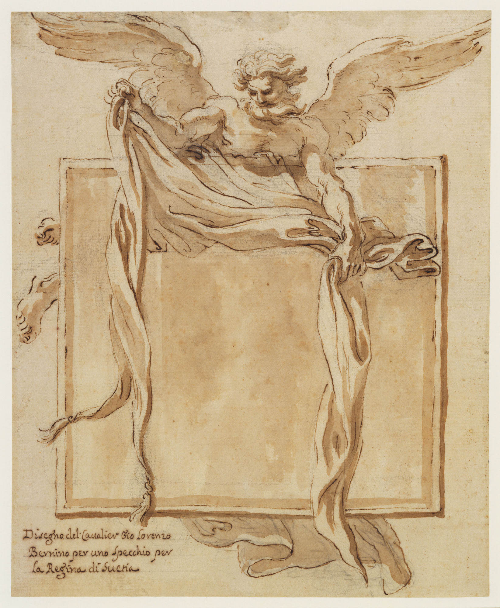 Gian Lorenzo Bernini, Disegno per lo specchio di Cristina di Svezia (1656 circa; penna, acquerello e gessetto su carta, 230 x 188 mm; Windsor, Royal Collection)
