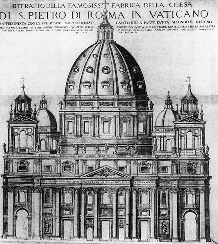 Matthaeus Greuter, La facciata con campanili del progetto definitivo di Maderno per il prolungamento di San Pietro (1613)
