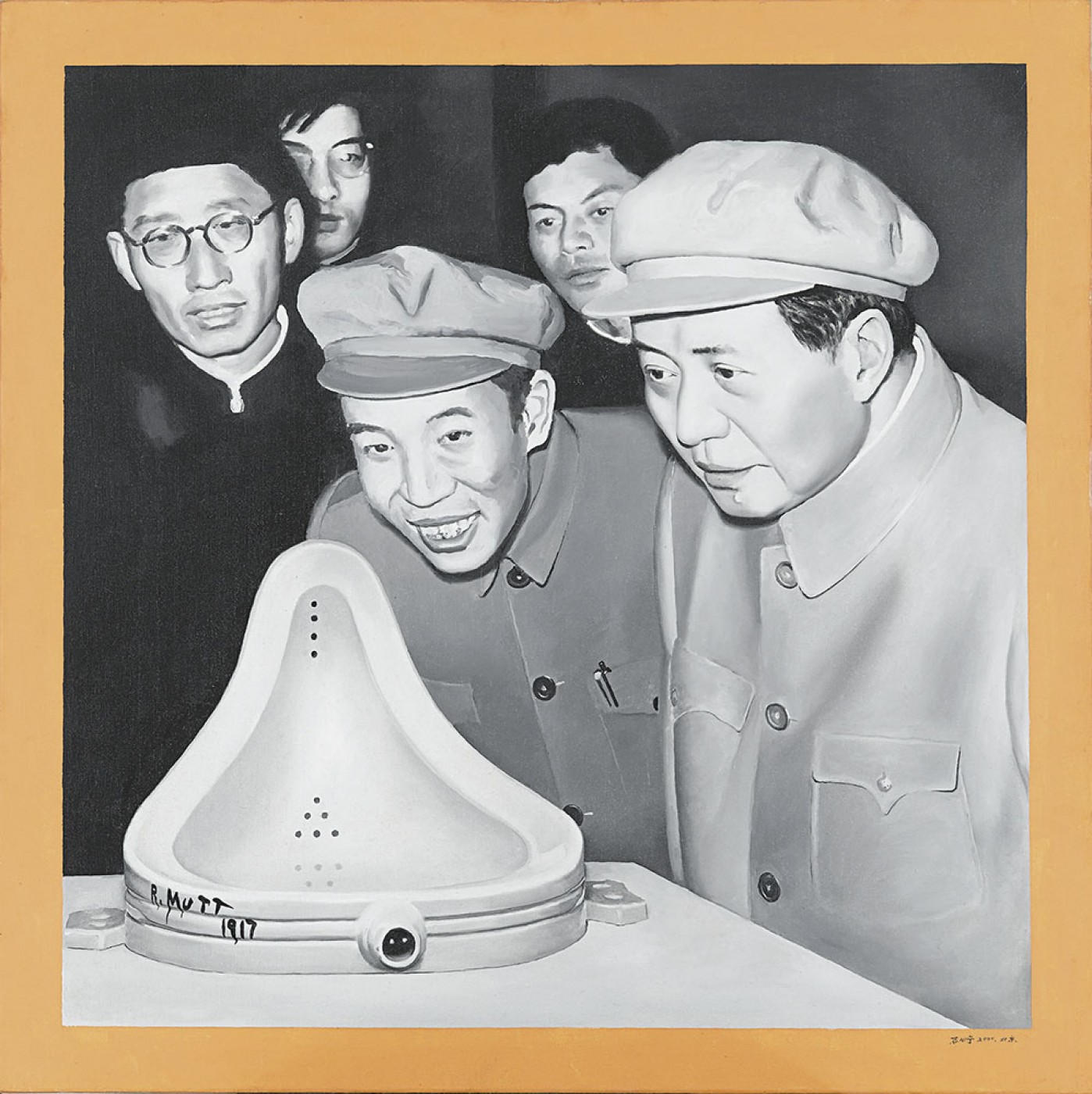 Shi Xinning, Duchamp Retrospective Exhibition in China (2000-2001; olio su tela, 100 x 100 cm)
 Shi Xinning, Duchamp Retrospective Exhibition in China (2000-2001; olio su tela, 100 x 100 cm)