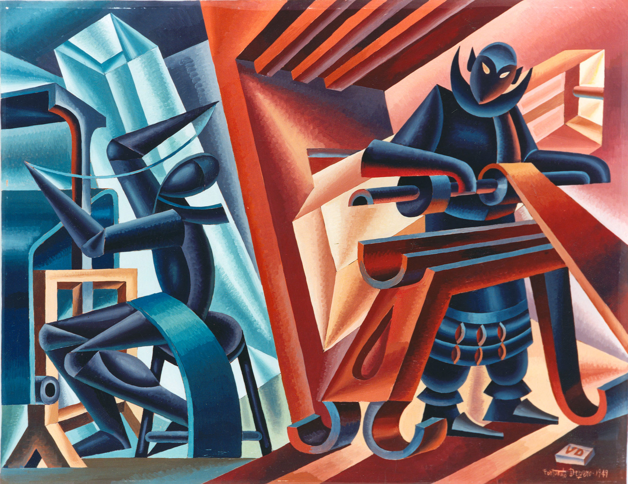 Fortunato Depero, Tornio e telaio (1949; ForlÃ¬, Palazzo Romagnoli, Collezioni del Novecento). Archivio fotografico Musei Civici ForlÃ¬
