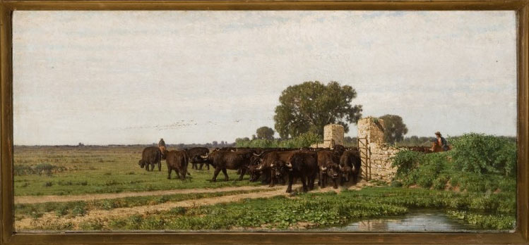 Filippo Palizzi, Mandria di bufali (1869; olio su tela, 64,5 x 29 cm; Piacenza, Galleria Ricci Oddi)
