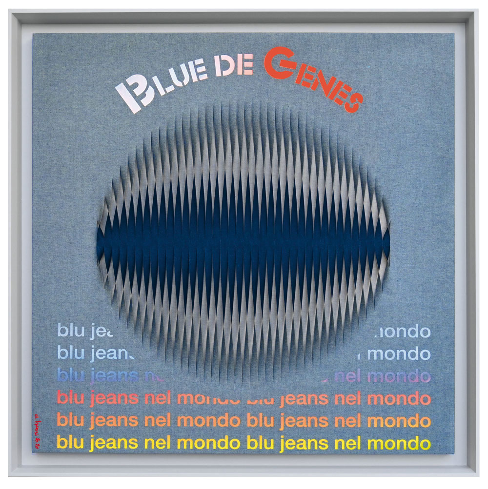 Alberto Biasi, Quel Blu Genova che veste il mondo (2020; intaglio e rilievi su tela jeans Candiani Denim, 120 x 120 x 7 cm)
