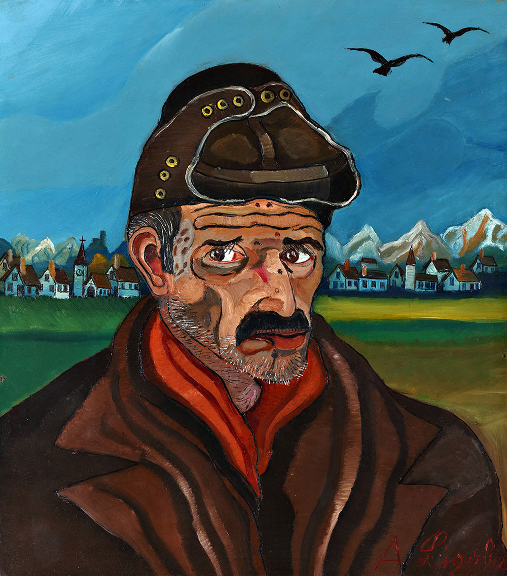 Opere di Antonio Ligabue, Autoritratto (1955-56; olio su tavola di faesite, 45 x 35 cm; Gualtieri, Fondazione Museo Antonio Ligabue)