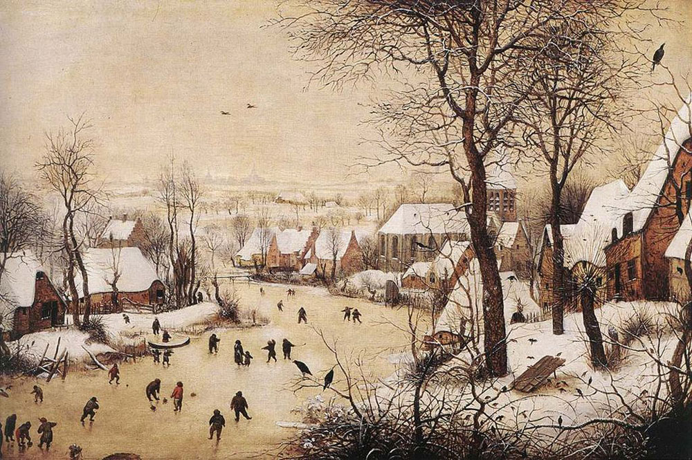 Pieter Bruegel il Vecchio, Paesaggio invernale con pattinatori e trappola per uccelli (1565; olio su tavola, 38 x 56 cm; Bruxelles, Musei Reali di Belle Arti del Belgio)
 Pieter Bruegel il Vecchio, Paesaggio invernale con pattinatori e trappola per uccelli (1565; olio su tavola, 38 x 56 cm; Bruxelles, Musei Reali di Belle Arti del Belgio)