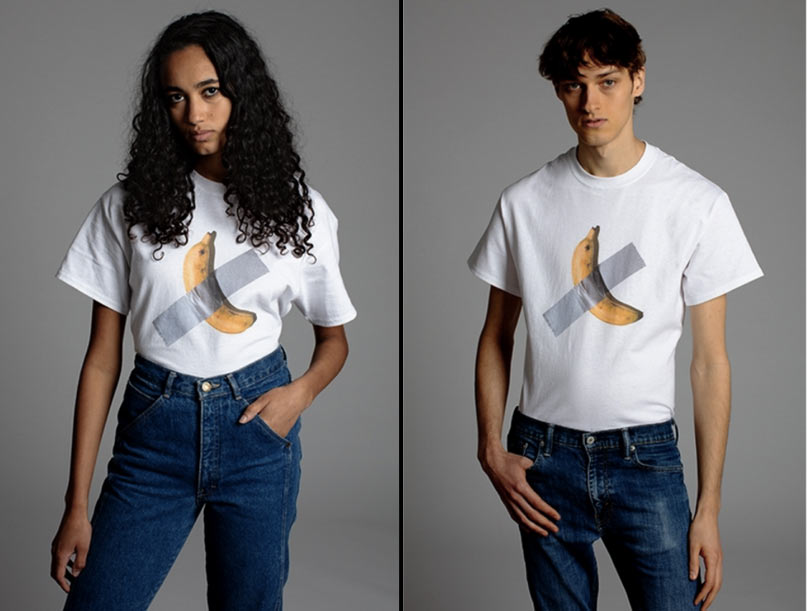 Die Banane von Cattelan wird zum T-Shirt, das man für 22,5 Euro für einen guten Zweck kaufen kann
