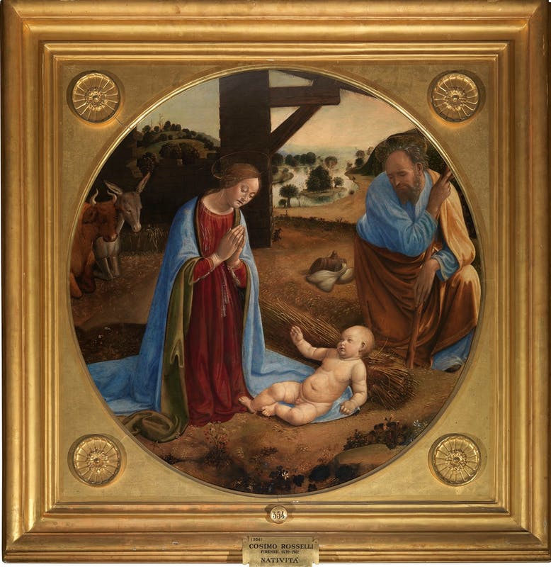 Cosimo Rosselli, Adorazione del Bambino (1490 circa; tempera su tavola, diametro 116 cm; Firenze, Gallerie degli Uffizi, Galleria Palatina di Palazzo Pitti, inv. Palatina n. 354) 
