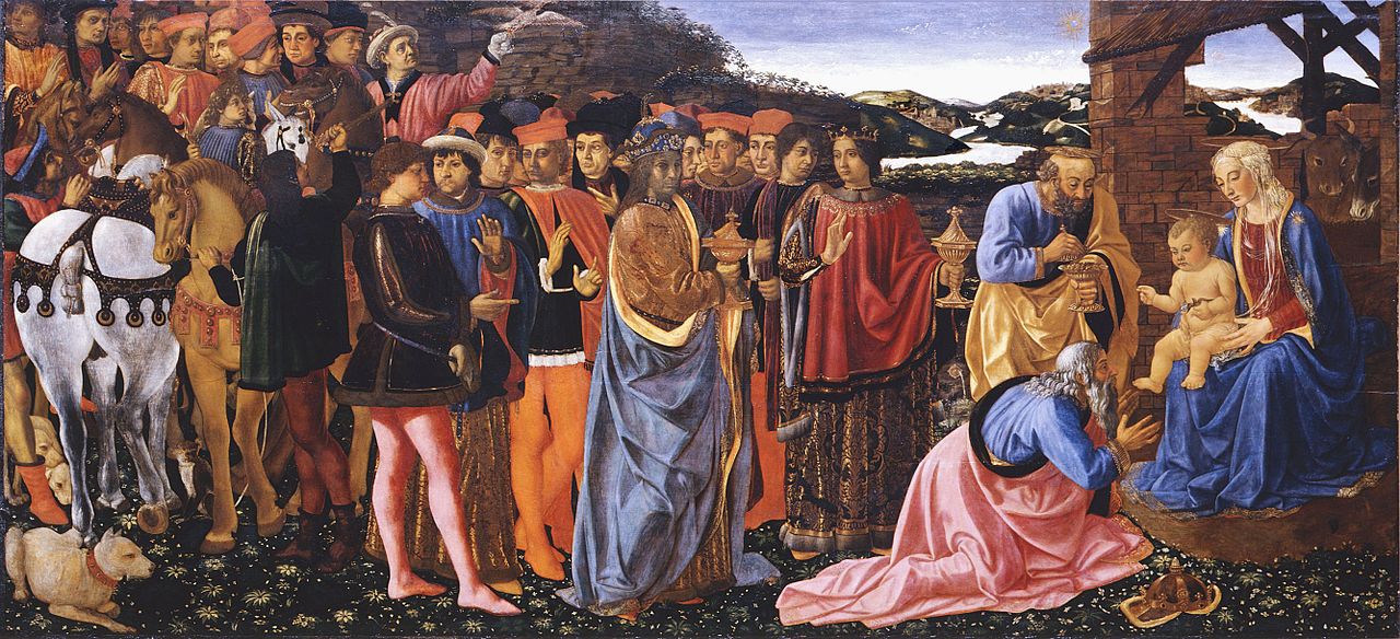 Cosimo Rosselli, Adorazione dei Magi (1470 circa; tempera su tavola, 101 x 217 cm; Firenze, Gallerie degli Uffizi, inv. 1890 n. 494)
