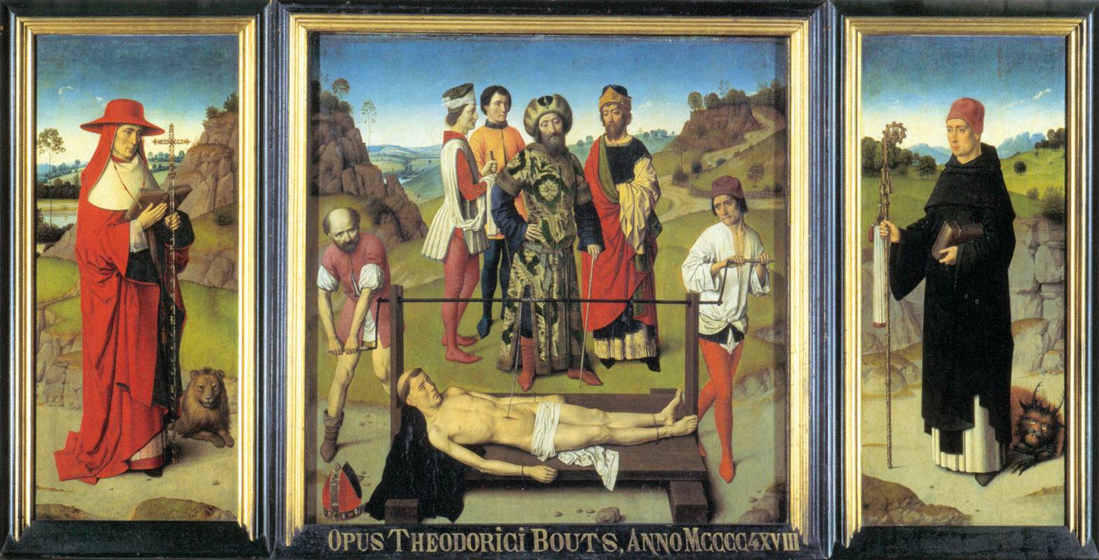 Dieric Bouts, Trittico di sant'Erasmo (1468; olio su tavola, 34 x 148 cm; Lovanio, chiesa di San Pietro)