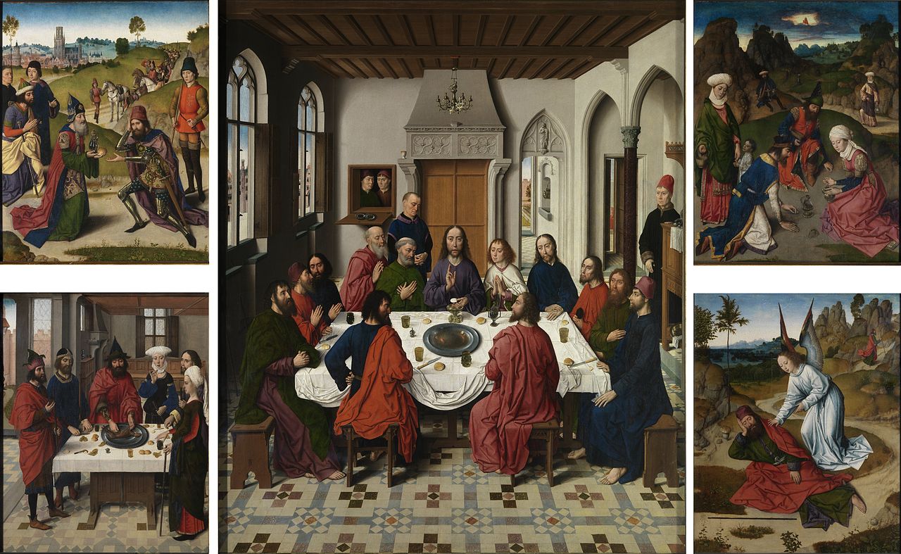 Dieric Bouts, Última cena (1464-1468; óleo sobre tabla, 88 x 71 cm; Lovaina, iglesia de San Pedro)