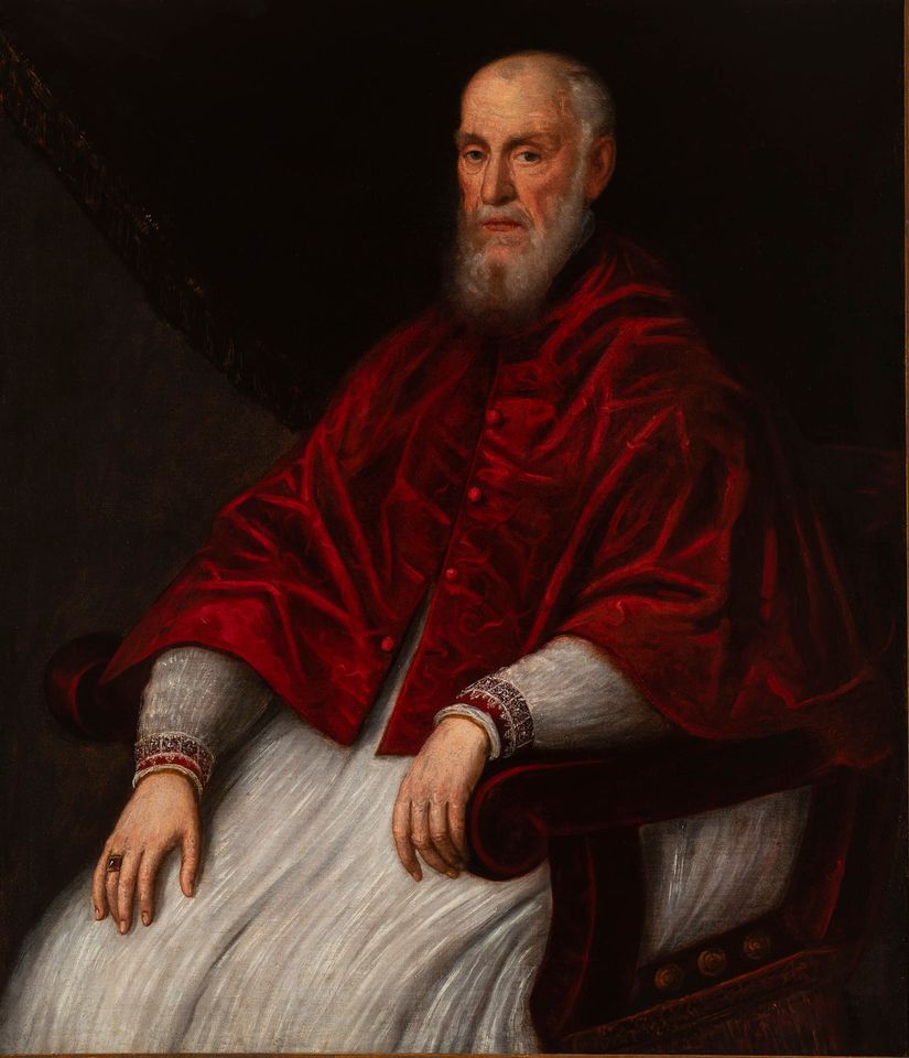 Domenico Tintoretto (attribuito), Ritratto di Giovanni Grimani, dettaglio (inizio del XVII secolo; olio su tela, 116 x 101 cm; Venezia, Museo di Palazzo Grimani)
