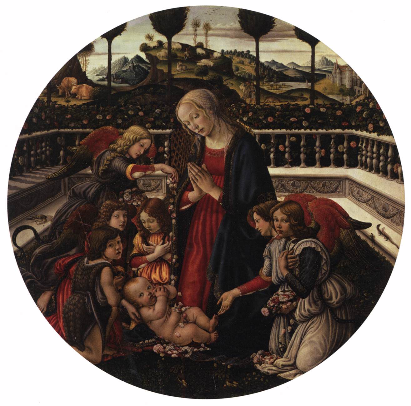 Francesco Botticini, Madonna in adorazione del Bambino (1490 circa; olio su tavola; Firenze, Gallerie degli Uffizi, Galleria Palatina di Palazzo Pitti, inv. Palatina n. 347)
