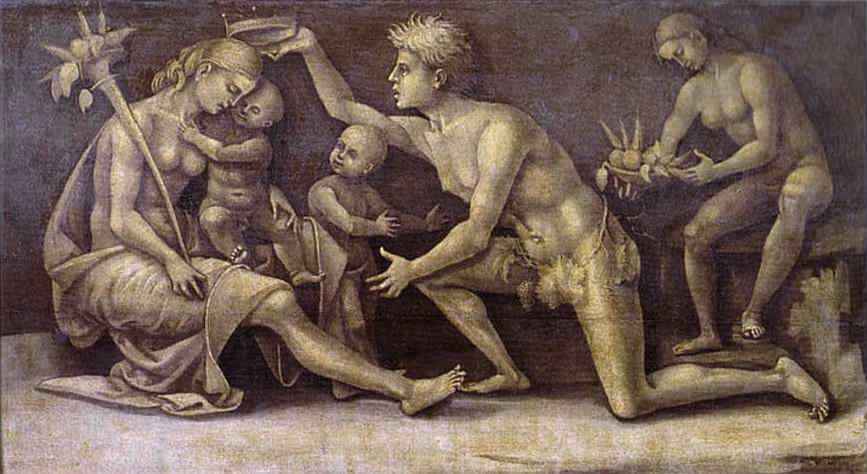 Luca Signorelli, Allegoria della fecondità (1500-1510 circa; tempera su tavola, 58 x 105,5 cm; Firenze, Gallerie degli Uffizi, inv. 1890 n. 3107)
