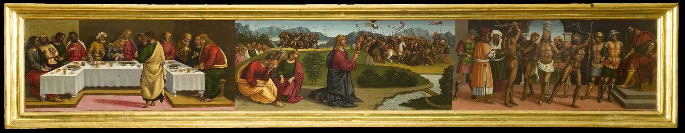 Luca Signorelli, Episodi della passione di Cristo: Ultima cena; Cristo nell'orto degli ulivi; Flagellazione (1500-1510 circa; tempera su tavola; Firenze, Gallerie degli Uffizi, inv. 1890 n. 8371)
