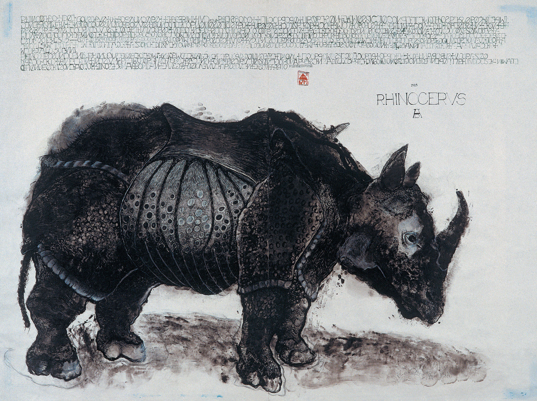 Paolo Mazzucchelli, Rhinoceros (1990-1991; tecnica mista su carta, 150 x 200 cm; Collezione privata)
